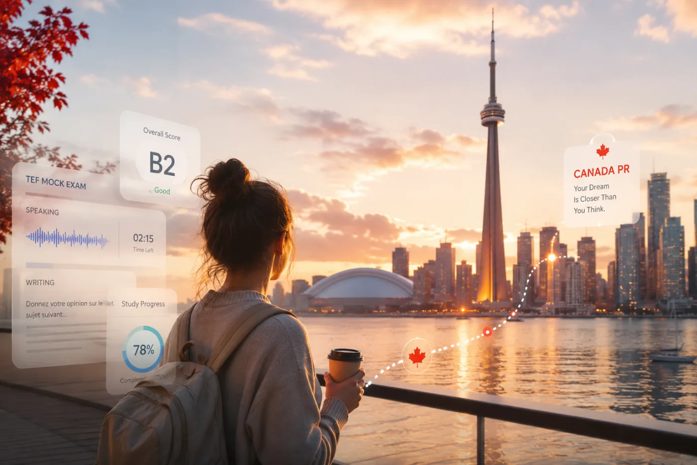 A learner overlooking the Toronto skyline at sunset, with a TEF mock exam showing a B2 score, study progress, and a Canada PR card reading Your dream is closer than you think.